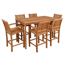 7 Piece Teak Wood Bistro Bar Set Including 71" Rectangular Table and 6 Abaco Barstools with Arms