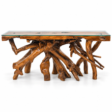 Teak Wood Root Console Table with Glass Top, 72 inches