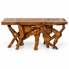 Teak Wood Root Console Table with Glass Top, 72 inches