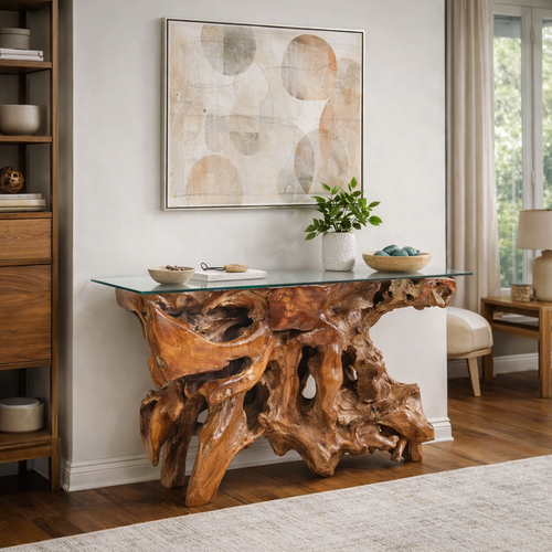Teak Wood Root Console Table with Glass Top, 48 inches