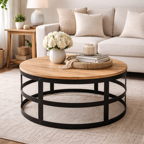 Teak Wood Hanover Coffee Table with Ironwork Base