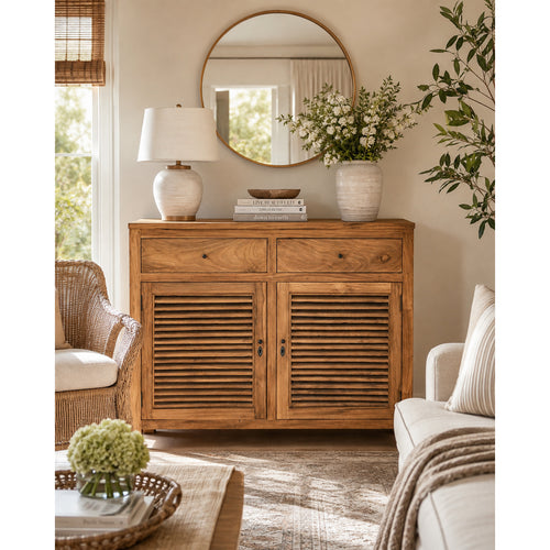 Recycled Teak Wood Louvre Cabinet with 2 Doors & 2 Drawers