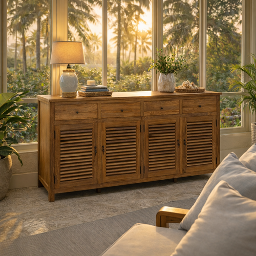 Recycled Teak Wood Louvre Cabinet with 4 Doors 4 Drawers