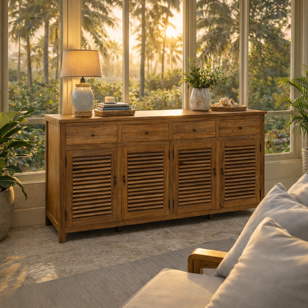 Recycled Teak Wood Louvre Cabinet with 4 Doors 4 Drawers