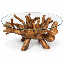 Teak Wood Root Coffee Table Including 43 Inch Round Glass Top
