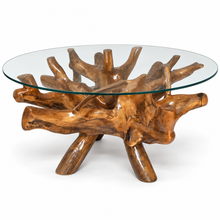 Teak Wood Root Coffee Table Including 43 Inch Round Glass Top