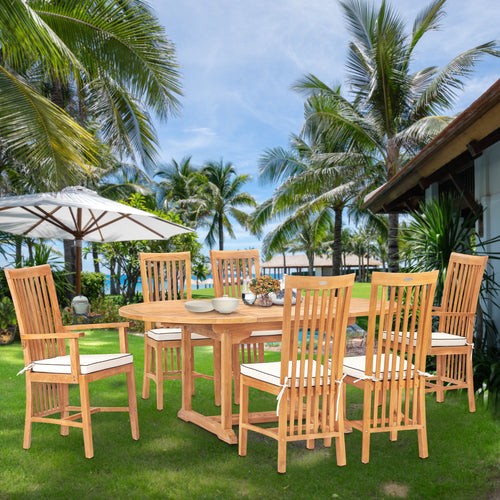 7 Piece Teak Wood Balero Round to Oval Dining Set with 2 Arm Chairs and 4 Side Chairs