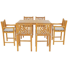 7 Piece Teak Wood Chippendale 63" Rectangular Bistro Bar Set including 6 Bar Chairs with Arms
