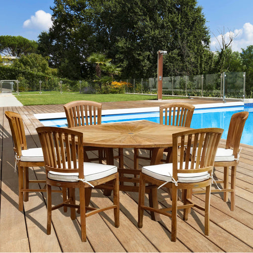 7 Piece Armless Teak Wood Sun Dining Table/Chair Set With Cushions