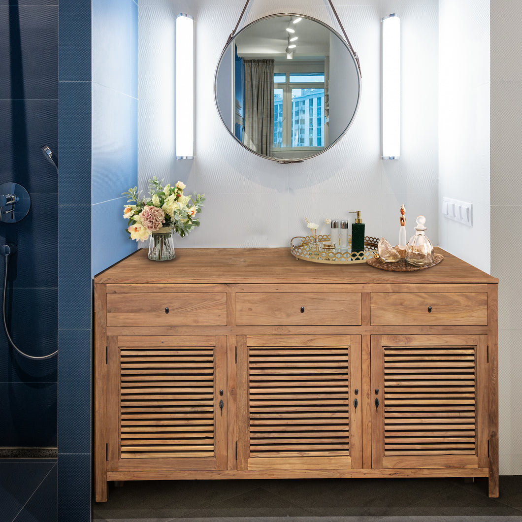 Recycled Teak Wood Tarragona Bathroom Linen Cabinet with 3 Doors & 3 Drawers