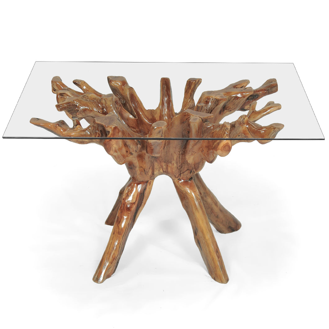 Teak Wood Root Dining Table with 55 inch Square Glass Top