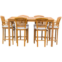 7 Piece Teak Wood Orleans Patio Bistro Bar Set, 63" Bar Table, 2 Bar Chairs w/ Arms & 4 Armless Bar Chairs