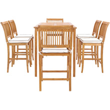 7 Piece Teak Wood Castle 71" Rectangular Large Bistro Bar Set including 2 Barstools with Arms and 4 Barstools