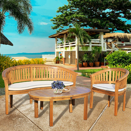 3 Piece Teak Wood Peanut Patio Lounge Set, Double Bench, Chair & Coffee Table
