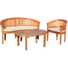 3 Piece Teak Wood Peanut Patio Lounge Set, Double Bench, Chair & Coffee Table