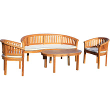 4 Piece Teak Wood Peanut Patio Lounge Set, Triple Bench, 2 Chairs & Coffee Table