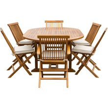7 Piece Teak Wood Miami Patio Dining Set with Round to Oval Extension Table, 2 Arm Chairs and 4 Side Chairs with Cushions