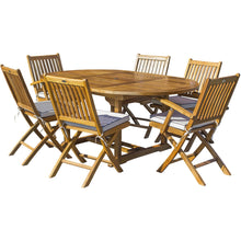7 Piece Teak Wood Santa Barbara Patio Dining Set with Round to Oval Extension Table, 2 Arm Chairs and 4 Side Chairs with Cushions
