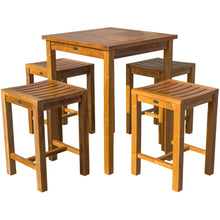 5 Piece Teak Wood Seville Small Counter Height Patio Bistro Set, 4 Counters Stools and 27" Square Table