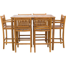 7 Piece Teak Wood Maldives Patio Bistro Bar Set, 55" Bar Table, 2 Barstools with Arms and 4 Armless Barstools
