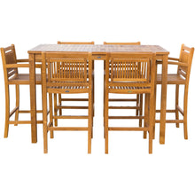 7 Piece Teak Wood Maldives Patio Bistro Bar Set, 63" Bar Table, 2 Barstools with Arms and 4 Armless Barstools