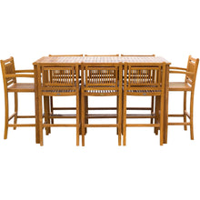 9 Piece Teak Wood Maldives Patio Bistro Bar Set, 71" Bar Table, 2 Barstools with Arms and 6 Armless Barstools