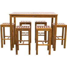 7 Piece Teak Wood Santa Monica Patio Bistro Bar Set, 55" Bar Table and 6 Barstools