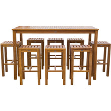 9 Piece Teak Wood Santa Monica Patio Bistro Bar Set, 71" Bar Table and 8 Barstools