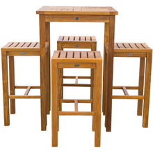 5 Piece Teak Wood Havana Small Patio Bistro Bar Set with 27" Square Table and 4 Barstools